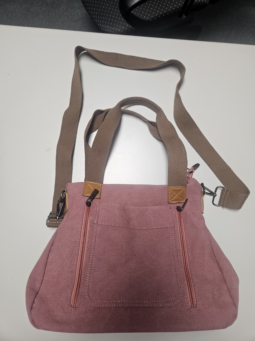 Source Unknown Dusty Rose Canvas Crossbody Bag with Brown Straps